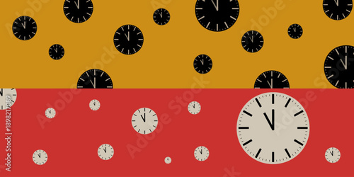 Clock face time concept showing urgency and deadlines abstract graphic design background with scattered clocks on yellow and red for project management business marketing presentations corporate wallp