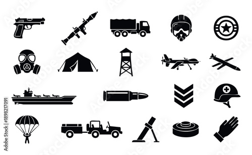 A comprehensive set of military and army related icons depicting weapons, vehicles, equipment, and personnel symbols, perfect for graphic design and security applications.