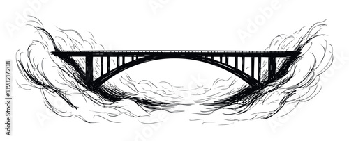 A dynamic hand drawn monochrome sketch of a sturdy bridge spanning across a swirling void, perfect for architectural design projects, construction industry branding, or powerful conceptual