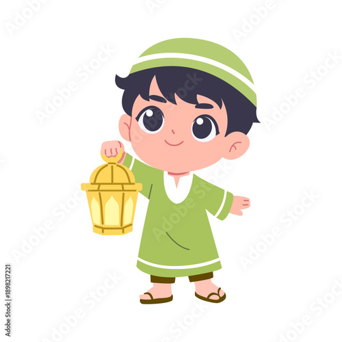illustration of  a cute muslim boy hold lantern