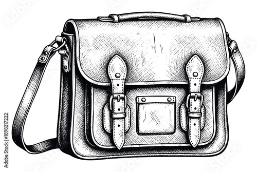 Handdrawn classic leather satchel bag with buckles and shoulder strap perfect for academic themes, travel imagery, or vintageinspired branding materials.