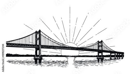 Commercial quality hand drawn outline of a prominent suspension bridge over tranquil water with radiating sunbeams, suitable for global infrastructure topics, travel guides, or inspiring