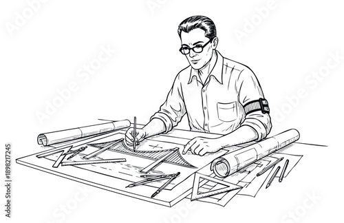 Professional man diligently drawing architectural blueprints on a drafting board with compass and rulers, ideal for representing precision and skilled planning.