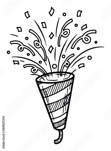 Dynamic doodle of an exploding party popper with swirling confetti and streamers bursting upward, ideal for festive occasions, new year celebrations, or event marketing materials.