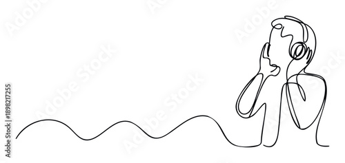 Minimalist continuous line drawing of a person wearing headphones listening to music or a podcast, perfect for audio technology marketing, soundrelated promotions, or communication service