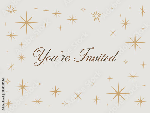 Elegant You're Invited Invitation Design with Sparkling Star Burst Accents for Wedding Celebration Gala Corporate Event Holiday Party Festive Gathering Announcement Special Occasion Celebration Card T