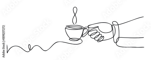 Continuous single line drawing visually connecting the word now with a human hand holding a steaming hot coffee cup, suitable for modern lifestyle content and mindful moments.