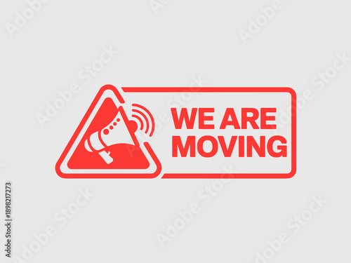 Red moving announcement with megaphone and sound waves illustration for relocation of business office corporate company or residential home apartment address change in blog post social media marketing