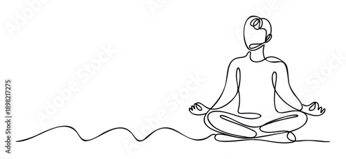 Continuous line drawing of a person meditating in a lotus pose with a flowing energy line, ideal for wellness websites, mindfulness apps, and spiritual health promotions