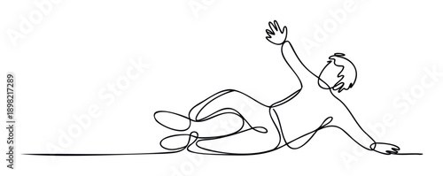 Minimalist continuous line art showing a person stumbling or reaching, ideal for illustrating concepts of challenge, struggle, or reaching out in various digital and print media.