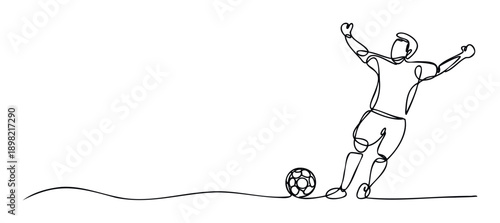 Dynamic one continuous line drawing of a soccer player celebrating after scoring a goal perfect for sports event promotions or athletic achievement recognition graphics