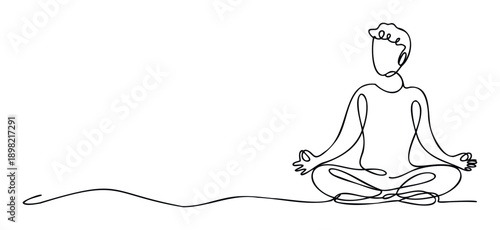 Minimalist continuous line drawing of a person meditating in a yoga pose representing mindfulness, peace, and wellness for health, lifestyle, and spiritual content