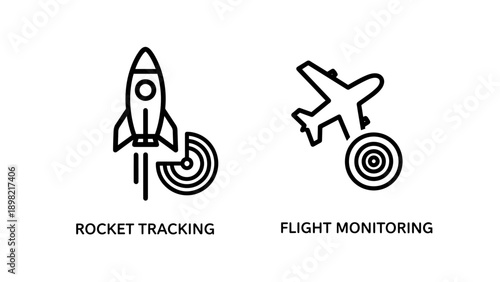 Modern icons depicting rocket launch tracking and airplane flight monitoring, representing progress, surveillance, and navigation in aerospace.