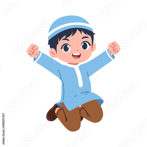 illustration of a cute muslim boy jumping and happy