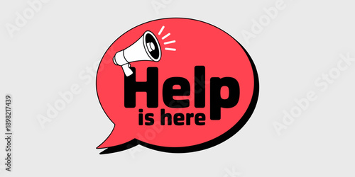 Help is Here Assistance and Support with Megaphone Announcement in Red Speech Bubble Graphic Illustration for Crisis Management Customer Service Problem Solving Business Communication Strategy and Sol