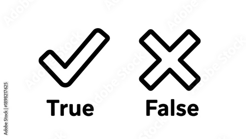 Simple icons for true and false choices, featuring a checkmark for correct and an X mark for incorrect, representing selection and decision.
