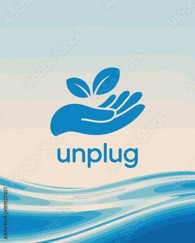 Serene blue hand holding leaves logo concept for wellness brand identity promoting digital detox and mental health awareness in a modern minimalist style for relaxation apps and nature retreats advert