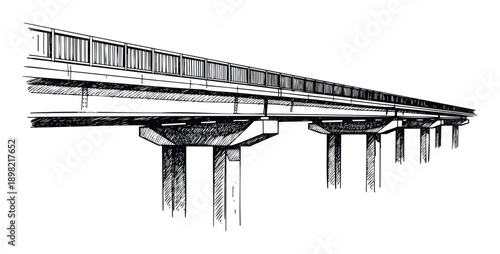 Hand drawn perspective view of a long elevated road or bridge with supporting pillars and railing, conveying urban infrastructure and transportation networks for architectural and