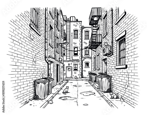 Atmospheric urban alleyway drawing featuring brick buildings, fire escapes, garbage bins, and curious stray cats, perfect for urban environment concepts or visual narratives