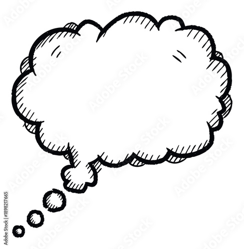 This expressive handdrawn thought bubble with a textured, cloudlike shape and a trail of small circles is ideal for conveying ideas, dialogues, or internal monologues in comics, digital