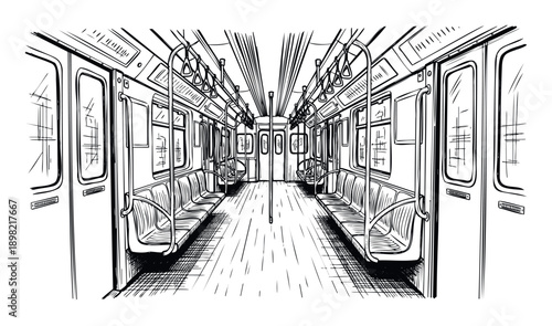 Empty subway train interior sketch depicting urban transportation and a silent daily commute, ideal for travel themed presentations and conceptual projects requiring a minimalist visual