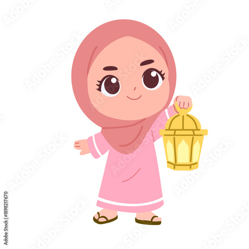 illustration of a cute hijab girl hold lantern