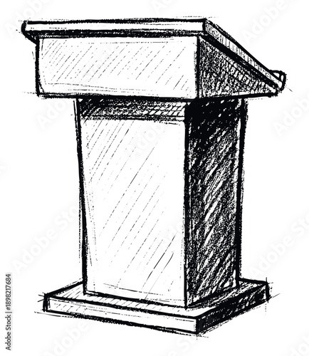 A hand drawn sketch of a classic wooden podium lectern in black and white, suitable for presentations, speeches, academic events, or public speaking topics