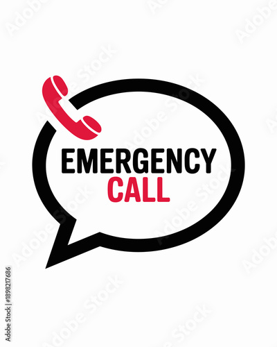 Emergency call icon in black and red inside speech bubble vector illustration for urgent help hotline assistance services contact support medical healthcare communication safety awareness presentation
