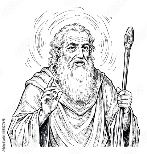 An aged wise man with a flowing white beard and hair, dressed in ancient robes, holding a rustic staff and gesturing, evoking wisdom and guidance for spiritual, historical, or mythical