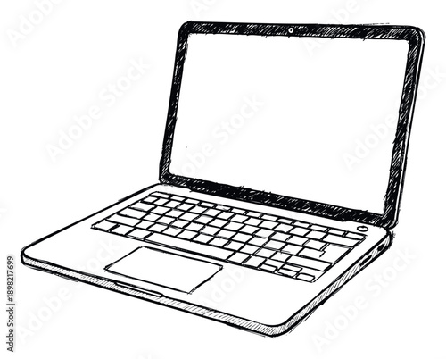 A hand drawn sketch of an open laptop with a blank screen and visible keyboard offering a simple graphic representation for technology related projects or educational materials