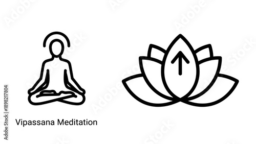 Vipassana meditation icon with a seated figure in lotus pose and a blooming lotus flower, symbolizing mindfulness, inner peace, and spiritual growth.
