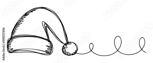 Festive hand drawn continuous line sketch of a whimsical holiday hat with a fluffy pompom and decorative ribbon loops, ideal for seasonal events or greeting designs.