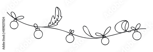 Minimalist continuous line drawing of festive Christmas baubles and foliage creating a decorative garland perfect for holiday greetings and seasonal product packaging.