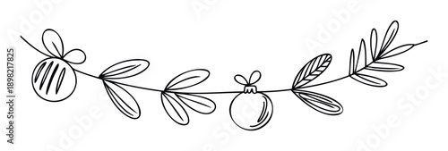 Hand drawn black and white Christmas garland with decorative leaves and festive ornaments is perfect for holiday season greeting cards and winter event invitations