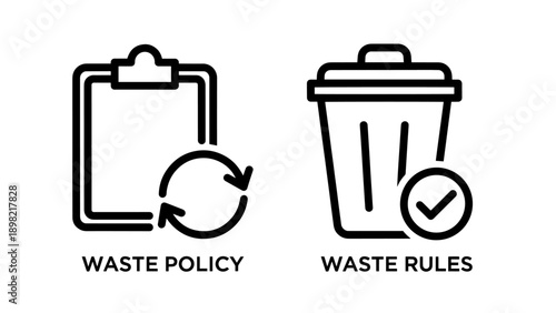 Waste management icons: clipboard with recycle arrows for waste policy and a trash can with a checkmark for waste rules.