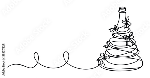 Continuous line drawing forming a festive gift tower or tiered celebration cake shape with bows and an elegant decorative thread for holiday greetings and event invitations