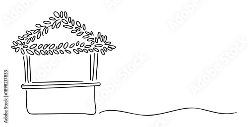 Simple hand drawn outline of a summer stand or tropical beach hut with a leafy roof and counter, perfect for travel promotions, vacation advertisements, or themed event graphics.