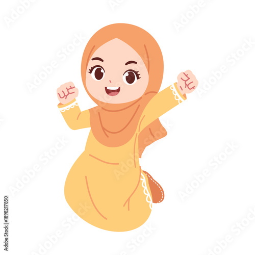 illustration of a cute hijab girl jump and happy