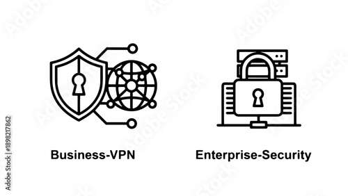 Cybersecurity and network security icons, showing a shield with a keyhole and a globe, and a locked computer server representing business VPN and enterprise security.