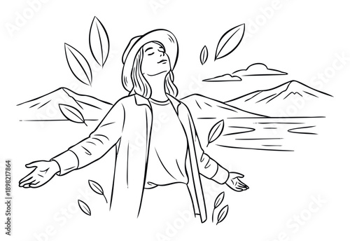 Woman in a hat embracing nature with arms wide open, exuding freedom and peace amidst mountains and a lake, perfect for wellness, travel, and personal growth content.