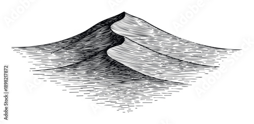 Graphic black and white linear drawing depicting a majestic mountain peak rising above reflective waters, perfect for abstract nature themes, branding, or decorative prints.