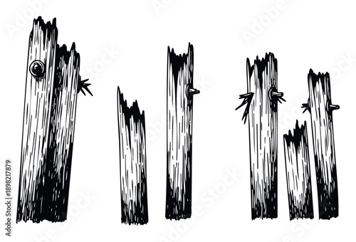 Rough black and white woodcut style illustration of old broken wooden planks with protruding nails, perfect for adding a rustic or decaying texture to various graphic projects and designs