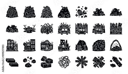 Glyph icons showcasing pollution elements, landfill waste, and urban destruction, perfect for educational materials on environmental issues and resource management topics