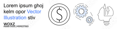 Financial planning, business strategies, innovation, economic growth, technology, process optimization. Circular currency symbol, gears and human head with arrows. Financial planning and business