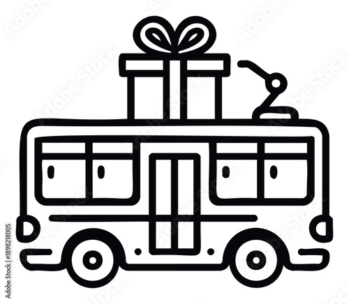 A cheerful holiday trolleybus icon carrying a wrapped present on its roof, perfect for seasonal event promotions, festive greeting animations, or happy delivery service marketing materials