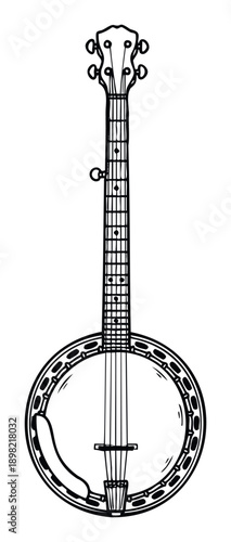 Line drawing of a musical banjo instrument with a round body and long neck, perfect for music shop logos, album covers, or themed event invitations