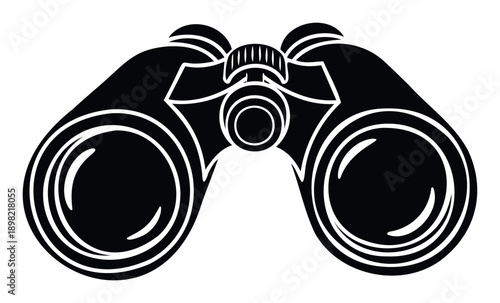Bold black and white graphic icon representing a classic pair of binoculars, suitable for illustrating themes of exploration, observation, adventure, or scientific discovery in various