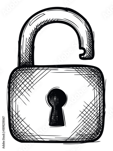 Hand drawn unlocked padlock symbol representing security solution, access freedom, or new opportunities, ideal for business presentations, educational materials, or informational graphics