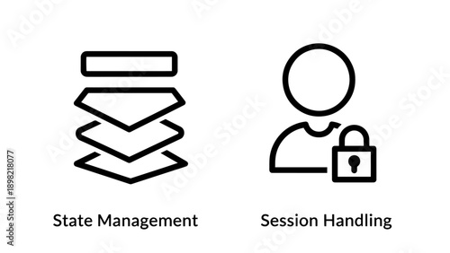 State management and session handling icons, illustrating stacked data layers and a locked user profile for secure session management.