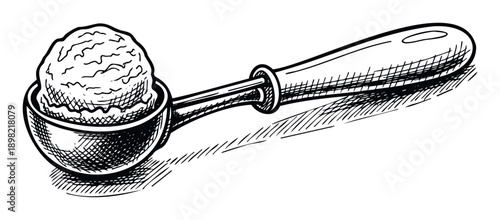 Classic hand drawn ice cream scoop with a perfectly round frozen dessert ball for sweet food menus or culinary publication visuals